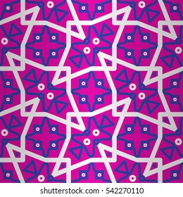 Bright pink ornamental seamless pattern in lines style. Vector background. Complicated puzzle repeatable backdrop. Actual design. Vivid, graphical design for game, banner, surface or other purpose.