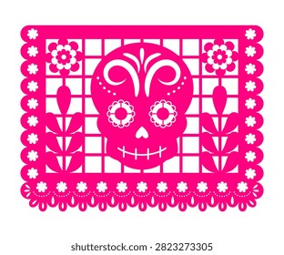 Bright pink papel picado flag with skull, marigolds, and lace border. Papel picado cutting template for traditional Mexican Day of the Dead holiday.