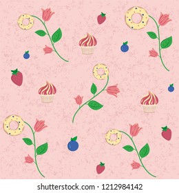 bright pink pattern with cakes, flowers and berries
