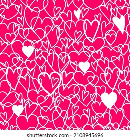 a bright pink pattern with randomly scattered hearts. drawn with a white outline. seamless vector rose-colored. pinkish backdrop