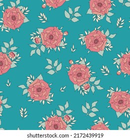 Bright pink peonies and blue background.Seamless vector pattern with branches and flowers. Gorgeous peony flowers with leaves.