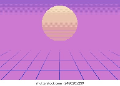 Bright Pink Pixel Art Cyberspace with Grid and Sunset, Vaporwave Aesthetics