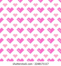 Bright pink pixel hearts on a white background. Seamless vector pattern, print for Valentine's Day