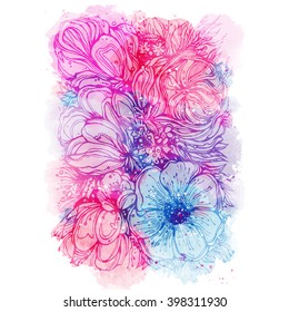 bright pink purple background with watercolor stains and bouquet of flowers. Vector illustration