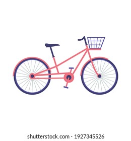 Bright pink and purple bicycle with a shopping basket. Summer item sport. Vector illustration