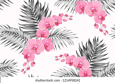 Bright pink purple orchid phalaenopsis exotic flowers bouquet with tropical jungle palm tree leaves. Greyscale color contrast white background. Seamless pattern texture for fashion, textile, fabric.