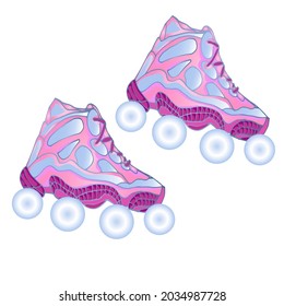 Bright pink and purple roller skates for children, teenagers, girls. Vector illustration.