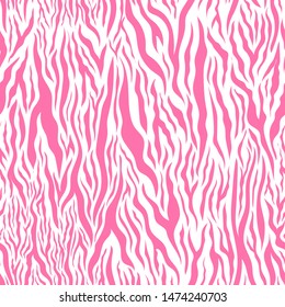 Bright pink realistic tiger skin on white, detailed seamless pattern