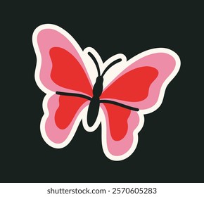 Bright pink and red butterfly with bold black outlines and cream accents on dark background, showcasing vibrant colors and creative design. Vector illustration