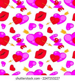 Bright pink and red hearts with arrows, lips and the inscription love on a light white background. Seamless pattern, print for Valentine's Day. Vector illustration