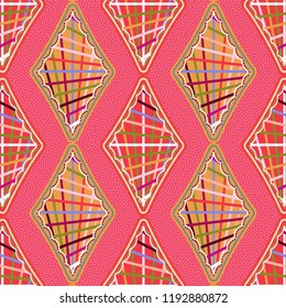 bright pink and red repeating pattern of stripe decorated diamonds over stippled background. vivid design for textile, fabric, backgrounds, backdrops and rich surface designs