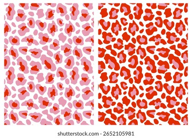 Bright pink and red seamless leopard print pattern set. Trendy animal backgrounds for girly fashion, textile or party decor.