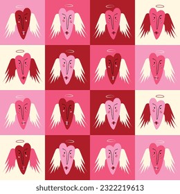 Bright pink and Red Valentine's Day pattern with Comic funny Angel heart and wings