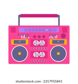 Bright pink retro cassette recorder. Music player. boombox 90s style. Back to 90s. Old fashioned vintage tape recorder. Nostalgia for 1990s, 2000s. Neon colors. Vector illustration 