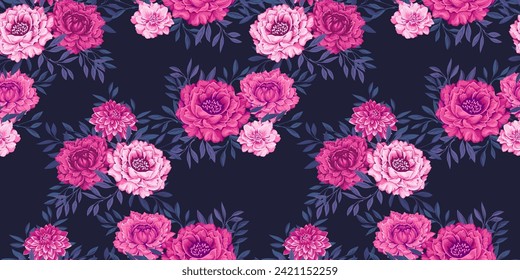 Bright pink rose ornate meadow seamless pattern. Abstract artistic floral and tiny gently leaves branches on a dark black background. Stylized blooming flowers peonies dahlias print. Design 