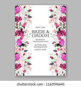 Bright pink Rose wedding invitation vector floral background peony ranunculus greenery bridal shower invitation
