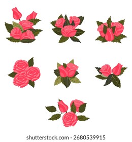Bright pink roses. A set of compositions for your design. Vector illustration on a white background.