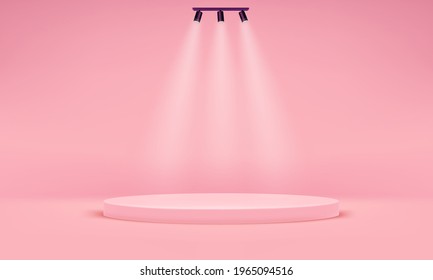Luminosa escena rosa con tres focos. Cartel con espacio de copia