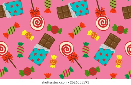 bright pink seamless candy pattern with chocolate bars, swirl lollipops and colorful wrapped sweets – playful retro confectionery background for kids
