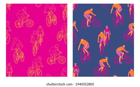 bright pink seamless hand drawn pattern with cyclists in two color ways