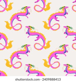 Bright pink seamless pattern with Chinese dragons. Fantasy cartoon ornament. Symbol of Chinese New Year 2024. Dragons for asian holiday template. Vector illustration on isolated background