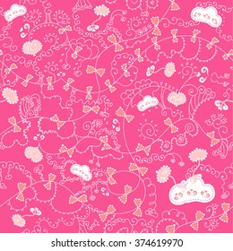 Bright pink seamless pattern with gentle pink hearts, clouds, curly ribbons and hand-drawn elements