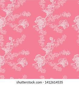 Bright pink seamless pattern with orchid flowers and leaves in the shape of a contour of gray-blue.