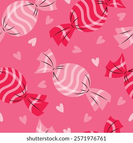 Bright pink seamless pattern with wrapped candy and little hearts. Hand drawn vector illustration