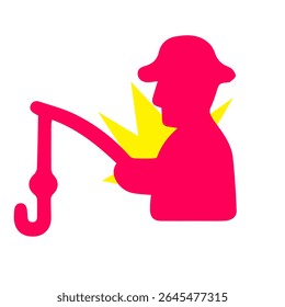 A bright pink silhouette of a fisherman with a fishing rod, a yellow explosion effect near the head