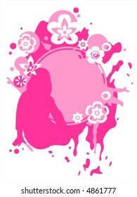 Bright pink silhouette of the girl on a grunge pink flowers background.