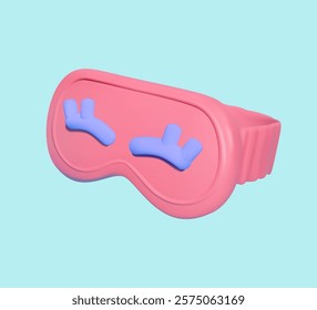 Bright pink sleep mask featuring playful blue cartoon eyelashes, set against a pastel turquoise background. 3D icon. Fun and quirky design.