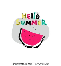 Bright pink slice of watermelon with hand drawn lettering Hello Summer. Flat design with decorative elements. Vector clipart for summer cards, banners, posters.