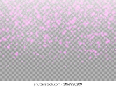 Bright pink sparkles fall on a transparent background. Vector illustration for drawing romantic greetings