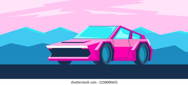 Bright pink sport car stands front view. Flat car landscape on blue abstract mountains background.