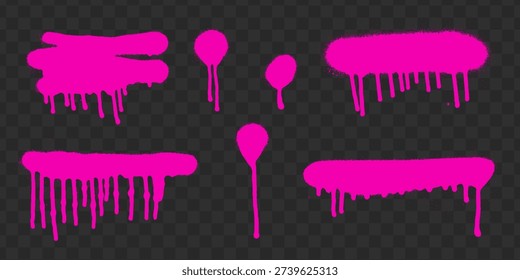 Bright pink spray paint splatters with dripping effect in grunge style on a transparent checkered background, concept of urban graffiti
