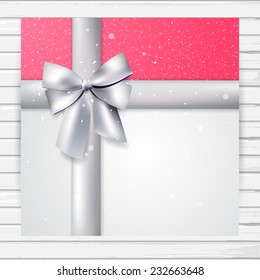Bright pink square card with silver ribbon; vector banner template with place for text