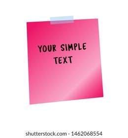Bright pink sticker sheet, pinned adhesive tape. Notice board element. Perfect for back to school or business design theme. Vector illustration. Isolated on white background. Front view. 