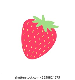 Bright pink strawberry with lush green leaves in a cheerful and playful design, celebrating freshness and sweetness for food, summer, or botanical themes.