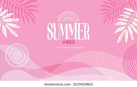 Bright pink summer background with tropical leaves, abstract waves, and playful elements. Perfect for seasonal promotions, invitations, social media, and summer events. Vibrant and fun.