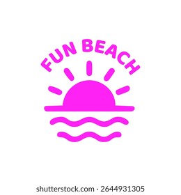 Bright pink sunset over wavy water graphic with the words "FUN BEACH