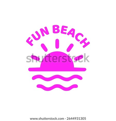 Bright pink sunset over wavy water graphic with the words "FUN BEACH