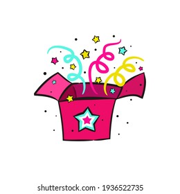 A bright pink surprise box from which confetti and stars fly out. Doodle style open drawer. Vector illustration isolated on white background. Design for Magic Birthday or April Fool's Day.