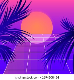 Bright pink synthwave background with palm trees