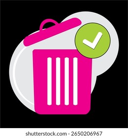 Vector de papelera rosa brillante con icono de marca de verificación verde