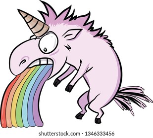 
 bright pink unicorn person is sick a colorful rainbow. Vector drawing 