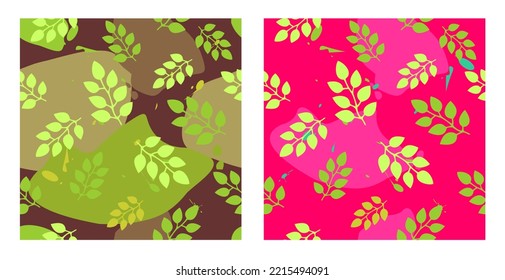 bright pink vector background with green leaves. green background with leaves. background with spots, splashes.seamless pattern with abstract twigs. a set of 2 bright patterns. for postcards, wrapping