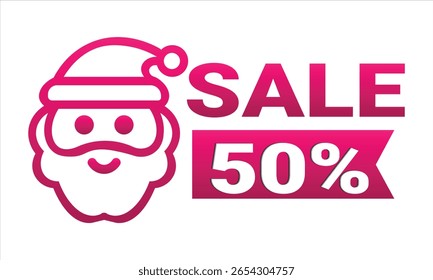 Ilustración vectorial rosa brillante con una cara linda de Papá Noel con texto en negrita de VENTA y 50% de descuento Perfecto para Navidades promociones de vacaciones de ventas Anuncios de compras de invierno o festivos 