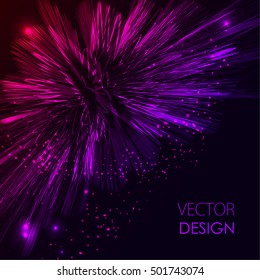 Bright pink and violet shining vector. Abstract fireworks explosion at dark space background. Cosmic illustration for posters, flyers, covers, web presentations, business cards