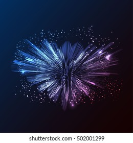 Bright pink and violet shining vector. Abstract fireworks explosion at dark background.