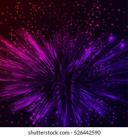 Bright pink and violet shining vector. Abstract fireworks explosion at dark space background. Cosmic illustration for posters, flyers, covers, web presentations, business cards